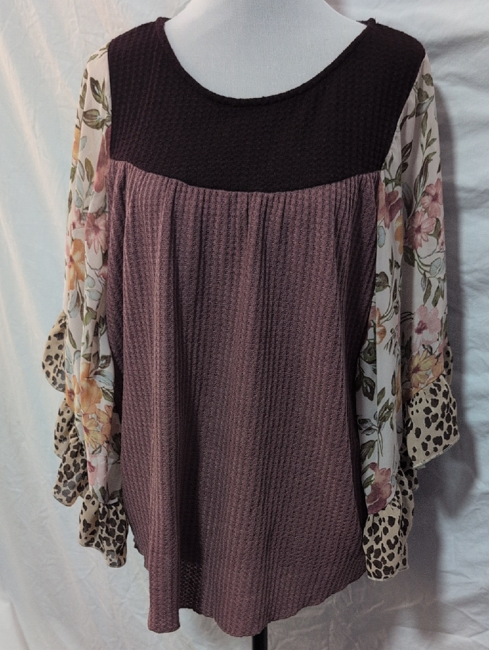 Mauve Waffle Knit Blouse with Floral Contrast Sleeves